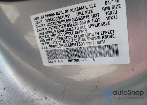 2010 Honda Odyssey Ex-L from USA, damaged, VIN 5FNRL3H63AB047891